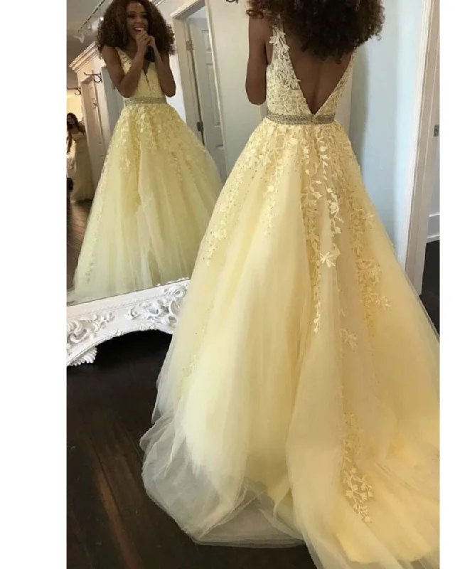 Online Boutiques Clothing V Neck Yellow Tulle Lace Senior Girls Prom Dress 2K20 Long Formal Homecoming Gowns