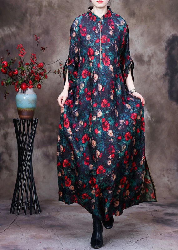 Effortless Style, Endless Impact Vintage Black Stand Collar Floral Print Side Open Silk Long Dresses Long Sleeve