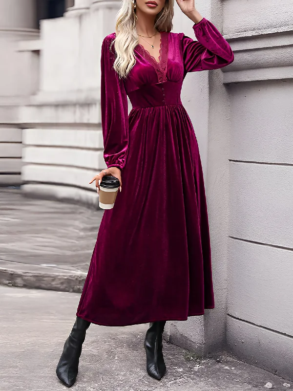 Trendy Aesthetics Lace Paneled Solid Color Velvet Long Sleeve Maxi Dress