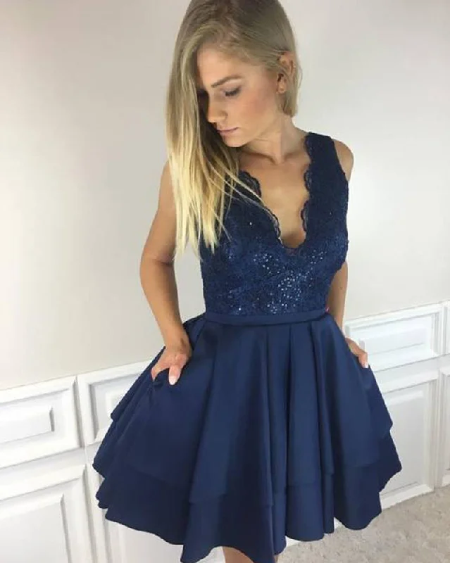 Clothes Woman Lace V neck Navy Blue Girls Short Cocktail Homecoming Dress Junior Graduation Prom Gown SP0905