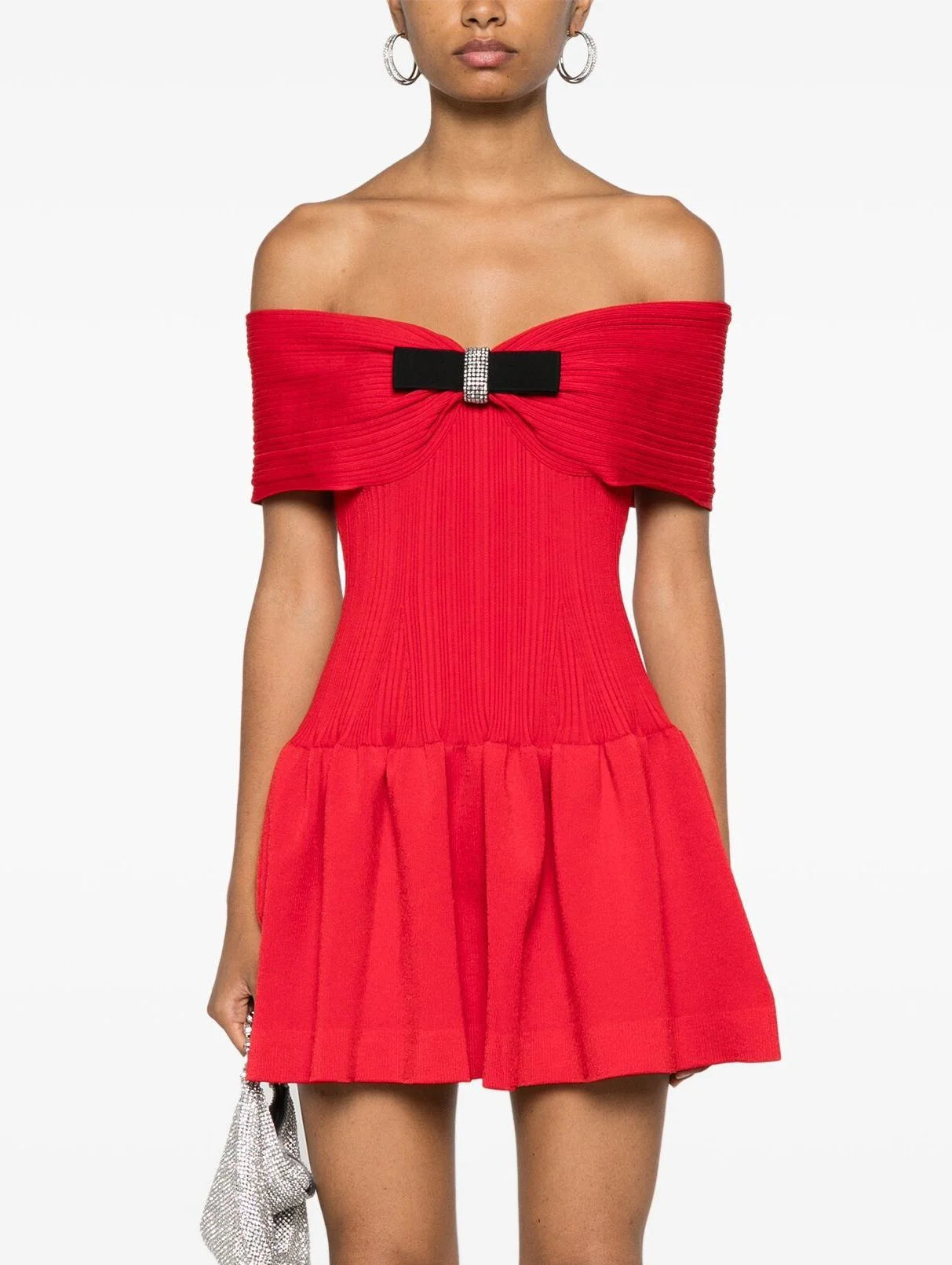 Sale Clothes Online Bow-Detail Red Knit Off-Shoulder Mini Dress