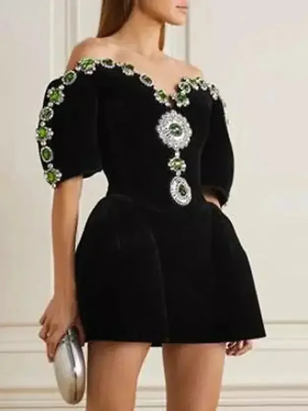 Casual Fashion Trends for Women Jewel-Embellished Black Velvet Mini Dress