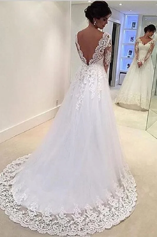 Dive Into Trendy Women's Fashion Roycebridal Gorgeous White V-neck Open Back Long Sleeves Lace Appliques Wedding Dress, MW158