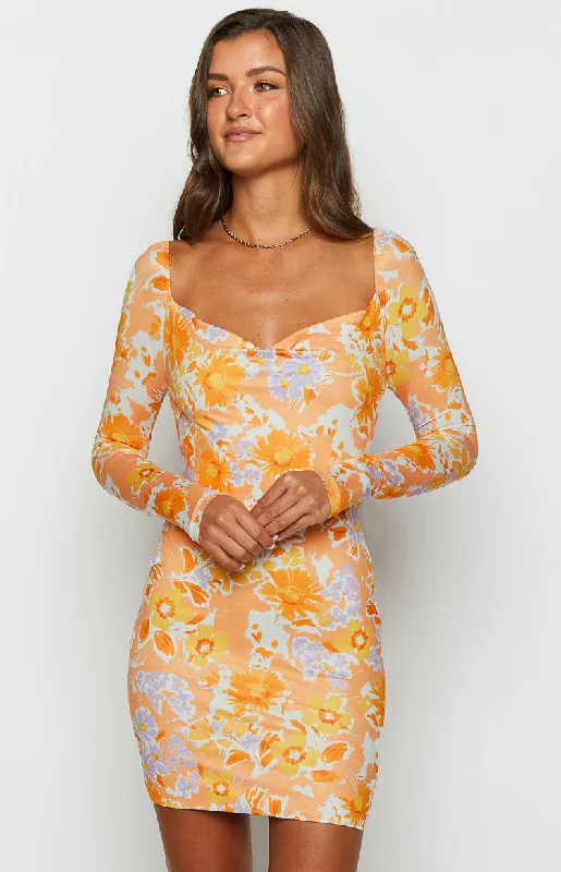 Trendy Street Style Attire Ashi Orange Floral Long Sleeve Mini Dress