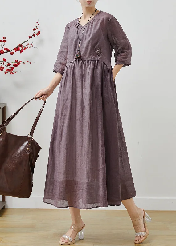 Athleisure Wear Special Offer Purple Floral Linen Long Dress Embroidered Bracelet Sleeve