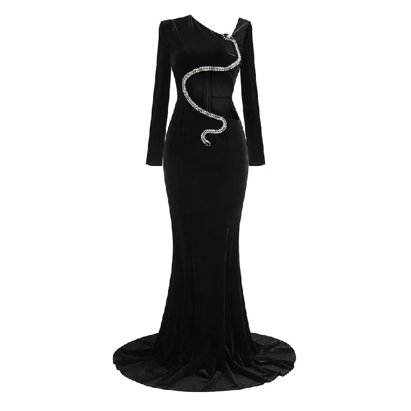 Affordable Women’s Fashion Asymmetric Cutout Crystal Snake Padded Shoulder Velvet Fishtail Maxi Dress