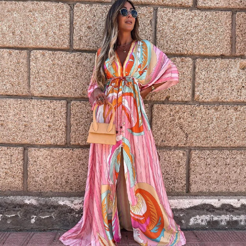 High-Quality Women’s Fashion Dresses Abstract Print Belted Button Down V Neck Maxi Dress - Pink