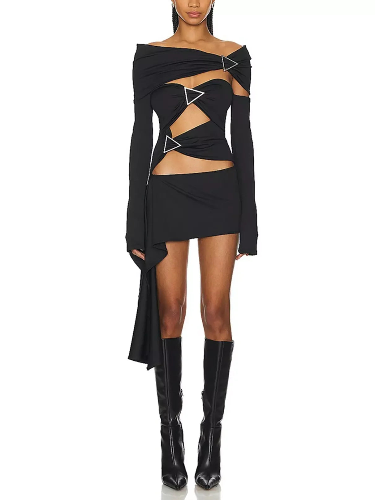 Style Beyond Borders Asymmetrical Cut-Out Ruched Buckled Black Mini Dress