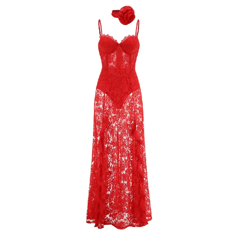 Versatile Women’s Fashion Romantic Rosette Scarf Eyelash Bustier Ruffle Sheer Lace Slip Maxi Dress