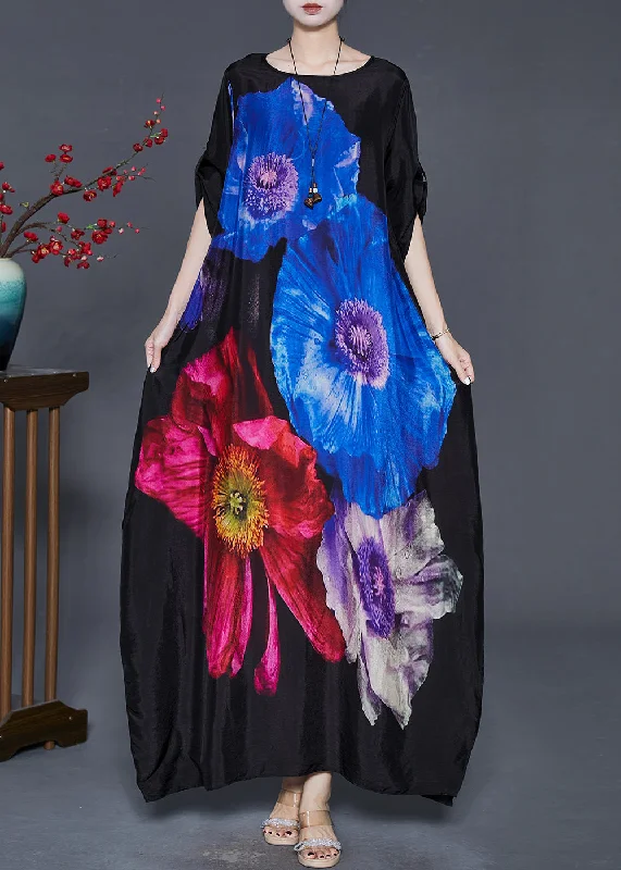 Women’s Clothes for All-Day Comfort and Style Blue Floral Silk Holiday Dress Oversized Spring