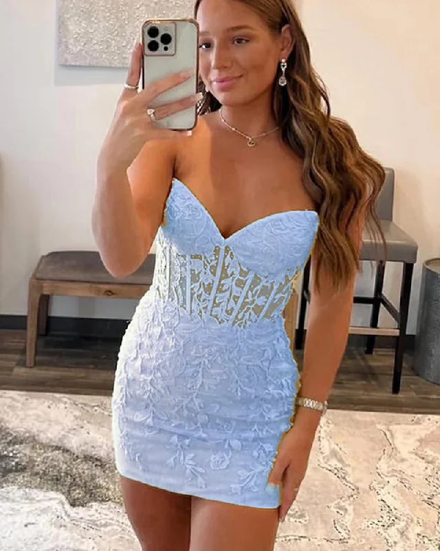 Women Fashion Blue Lace  Bodice Corset Short/Mini  Homecoming Dress 2023 Hoco Party Gown for Girls SP2374