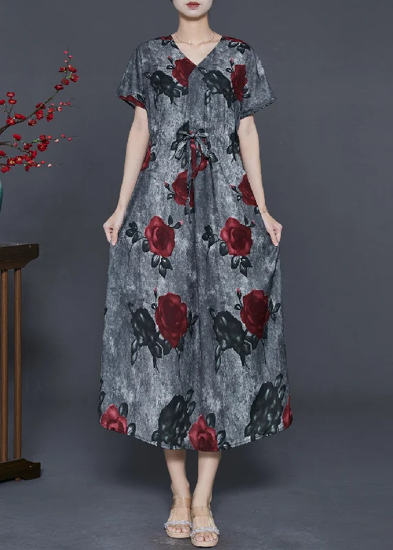 Trend Driven Wardrobe French Grey Cinched Floral Cotton Long Dress Summer