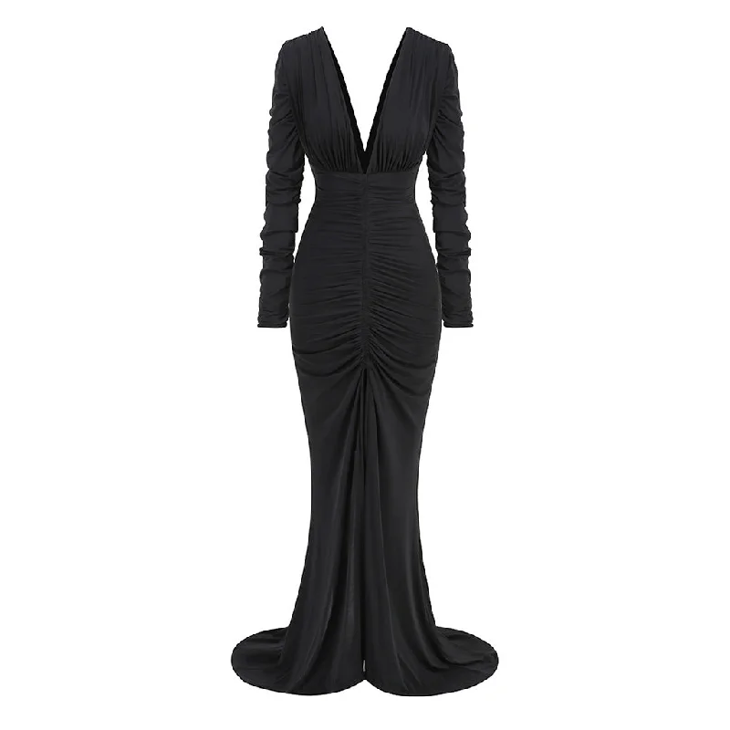 Huge Discounts This Week Sexy Plunge V Neck Long Sleeve Ruched Split Train Fishtail Maxi Dress