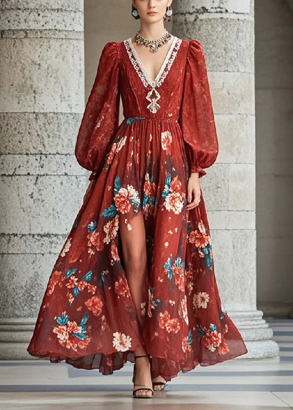 Trendy Threads Beautiful Red V Neck Floral Chiffon Dresses Fall