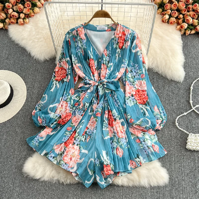 Versatile Outfits Cute v neck floral long sleeve jumpsuit fashion jumpsuit     S202