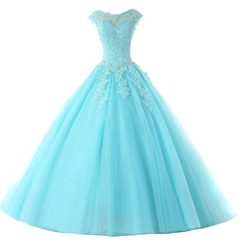 Woman Clothing Cap Sleeves Baby Blue Lace Ball Gown Quinceanera Dresses Girls Debutante Prom Gown for Sweet 16