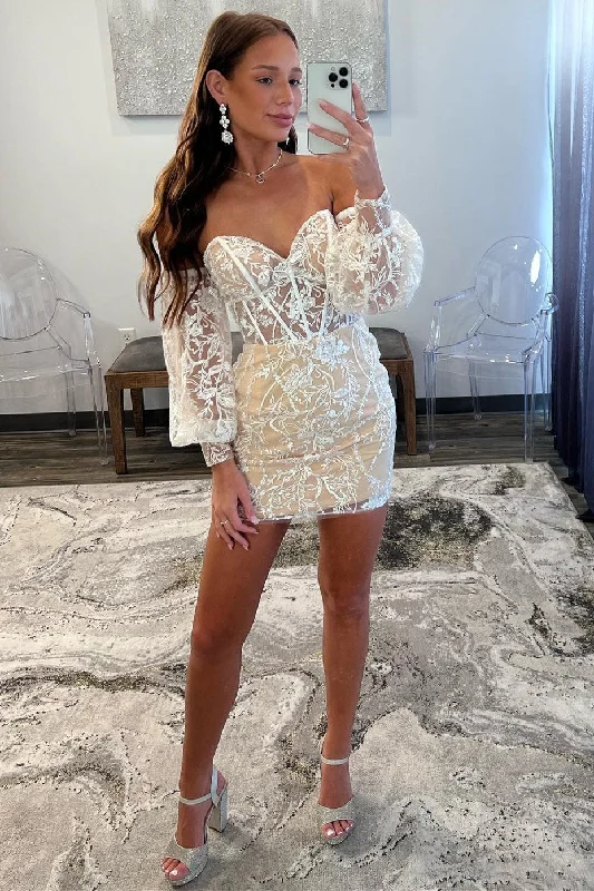 Sale For Women Ivory Lace Strapless Short Gown with Detachable Sleeves