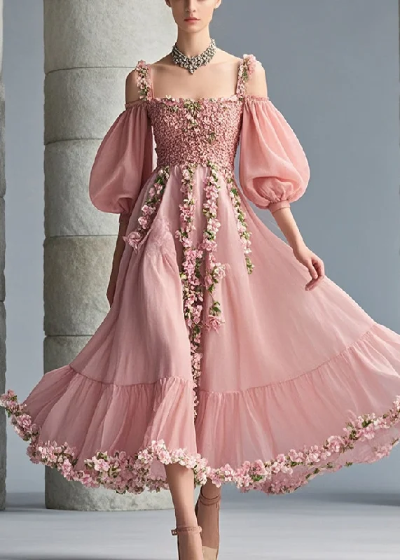 Quality Wear French Pink Cold Shoulder Three-dimensional Floral Chiffon Party Dress Puff Sleeve