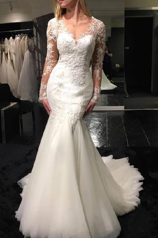 Comfortable Chic Roycebridal White Tulle Scoop Neck Long Sleeve Mermaid Sweep Train Lace Wedding Dresses, MW194