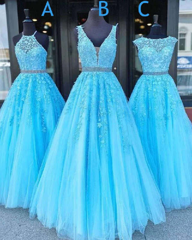 Easygoing Women’s Style Aqua Blue Lace A Line Prom Dresses Girls Long Formal Gown with Beading Belt Vestido PL01212