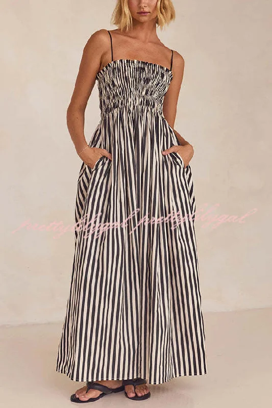 Enjoy Discount Mariela Stripe Smocked Bust Pocketed Slip Loose Maxi Dress