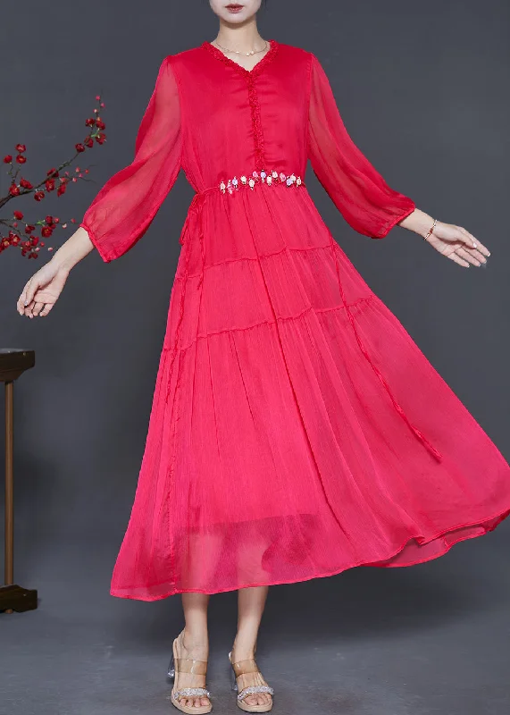 High-End Women’s Apparel Classy Red Ruffled Floral Silk Beach Dresses Spring