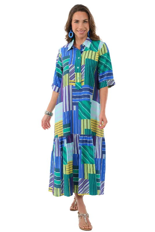 Unleash Your Style Women's Long Blue Color Block Maxi Dress 3/4 Sleeves -"Vega"