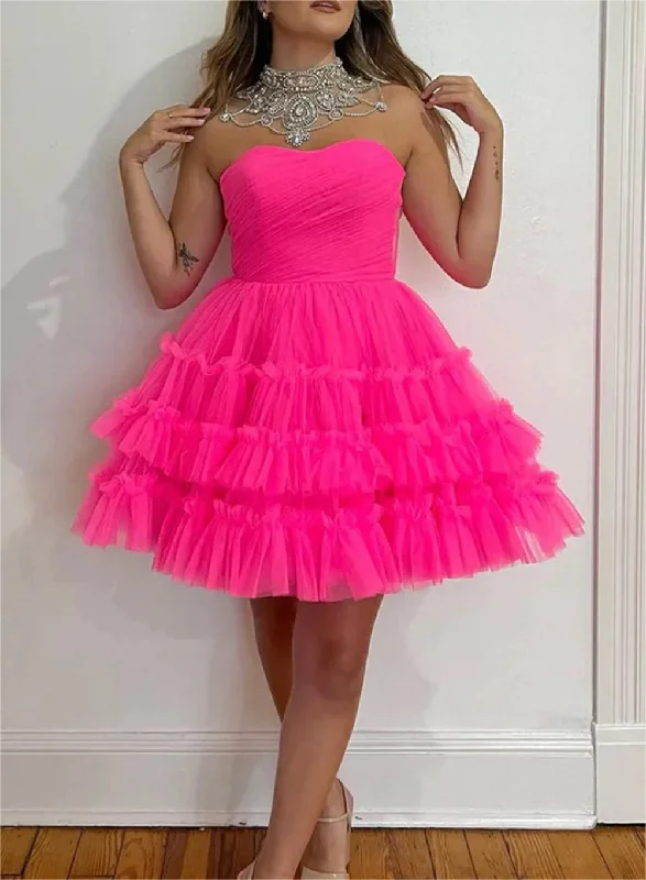 Versatile Women’s Fashion Women A-Line Tulle Prom Dresses Short Strapless Cocktail Gowns Girls Sleeveless Homecoming Dresses YHD314