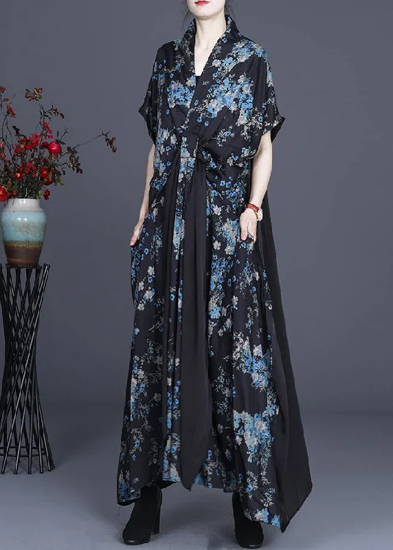 Women’s Stylish Outerwear Simple Blue Floral Patchwork V Neck Long Dress Summer