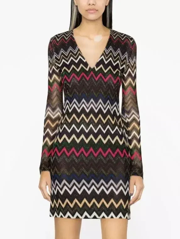 Casual Women’s Clothing Multicolor Zig Zag Knit Metallic V-Neck Mini Dress