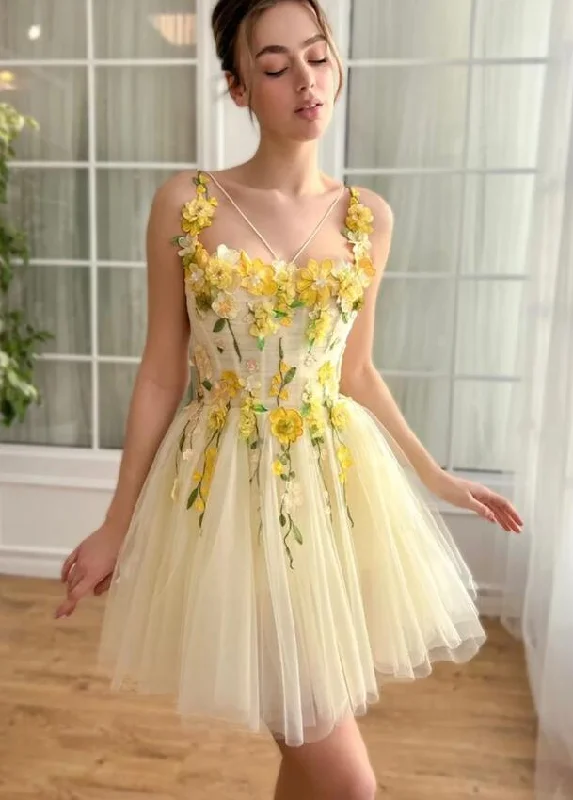 Affordable Online Boutique Yellow Short PromDress Girls Homecoming with Flowers SP10301