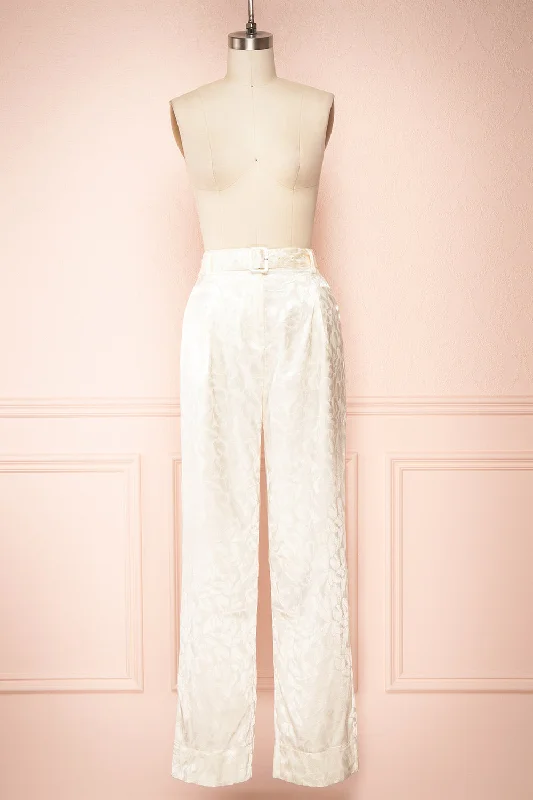 Unleash Your Trend Driven Style Ludita | Ivory Satin Floral Print Pants w/ Belt