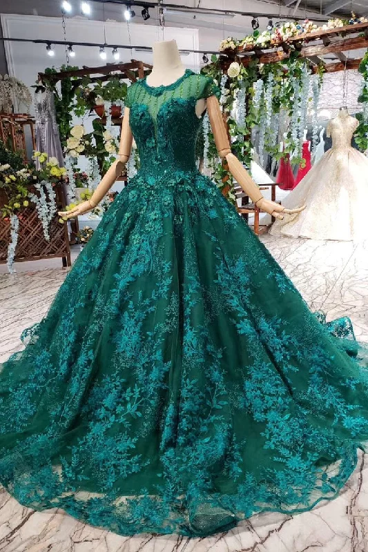 Valentine's Special Dark Green Floral Appliques Ball Gown Quinceanera Prom Dresses With Beads