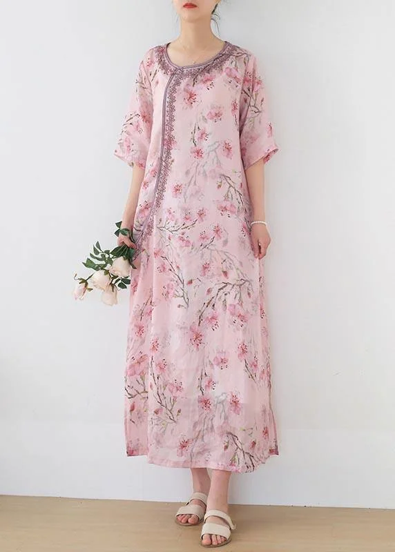 Affordable Fashion for Women Stylish Pink Print Floral Oriental Summer Linen Dress