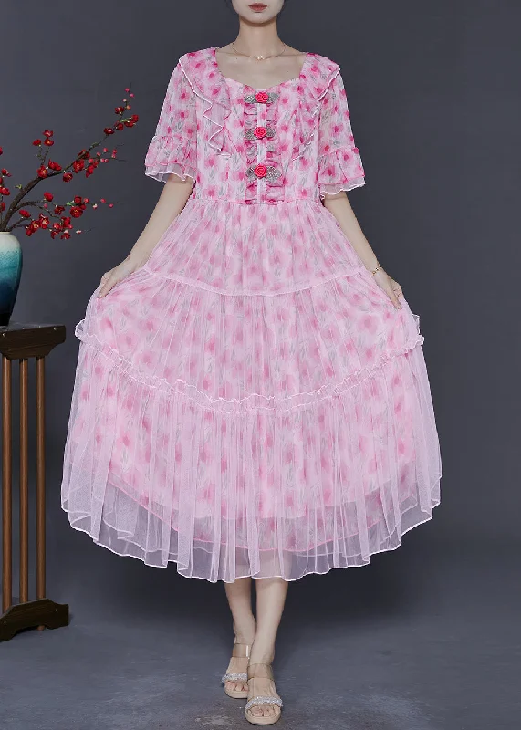 Best Deals Of The Season Women Pink Ruffled Floral Chiffon Dresses Summer