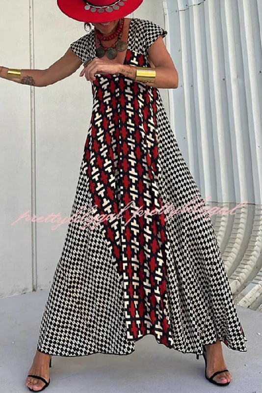 Seasonal Clearance Fresh Breeze Ethnic Unique Print Ruffle Sleeve A-line Maxi Dress