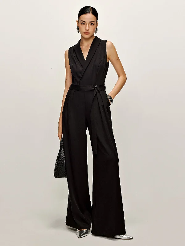 Minimalist Women’s Fashion Clothing Plain Panel Sleeveless Belted Jumpsuit