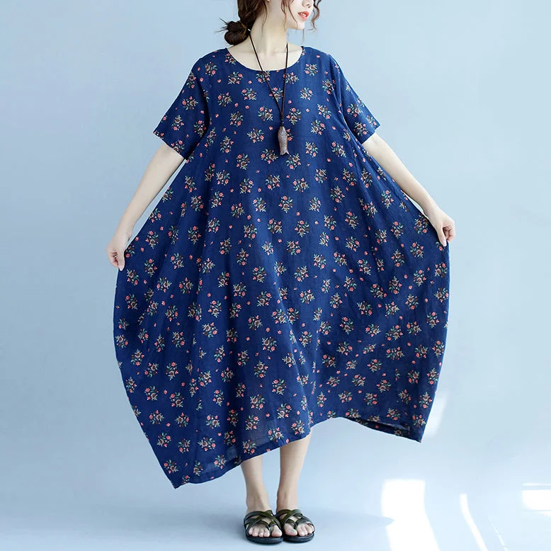 Casual Dresses for Women baggy blue floral cotton dresses oversize short sleeve cotton dresses vintage big hem gown