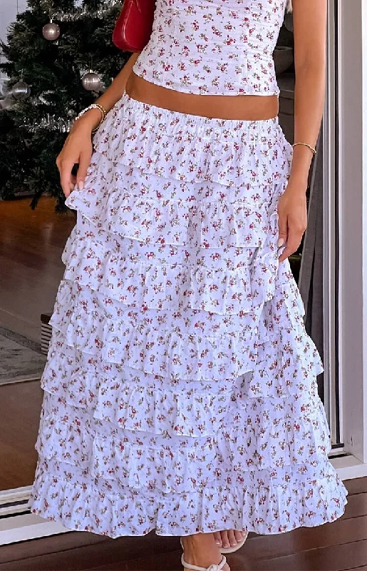 Trendy Aesthetics Paisley White Floral Ruffle Maxi Skirt