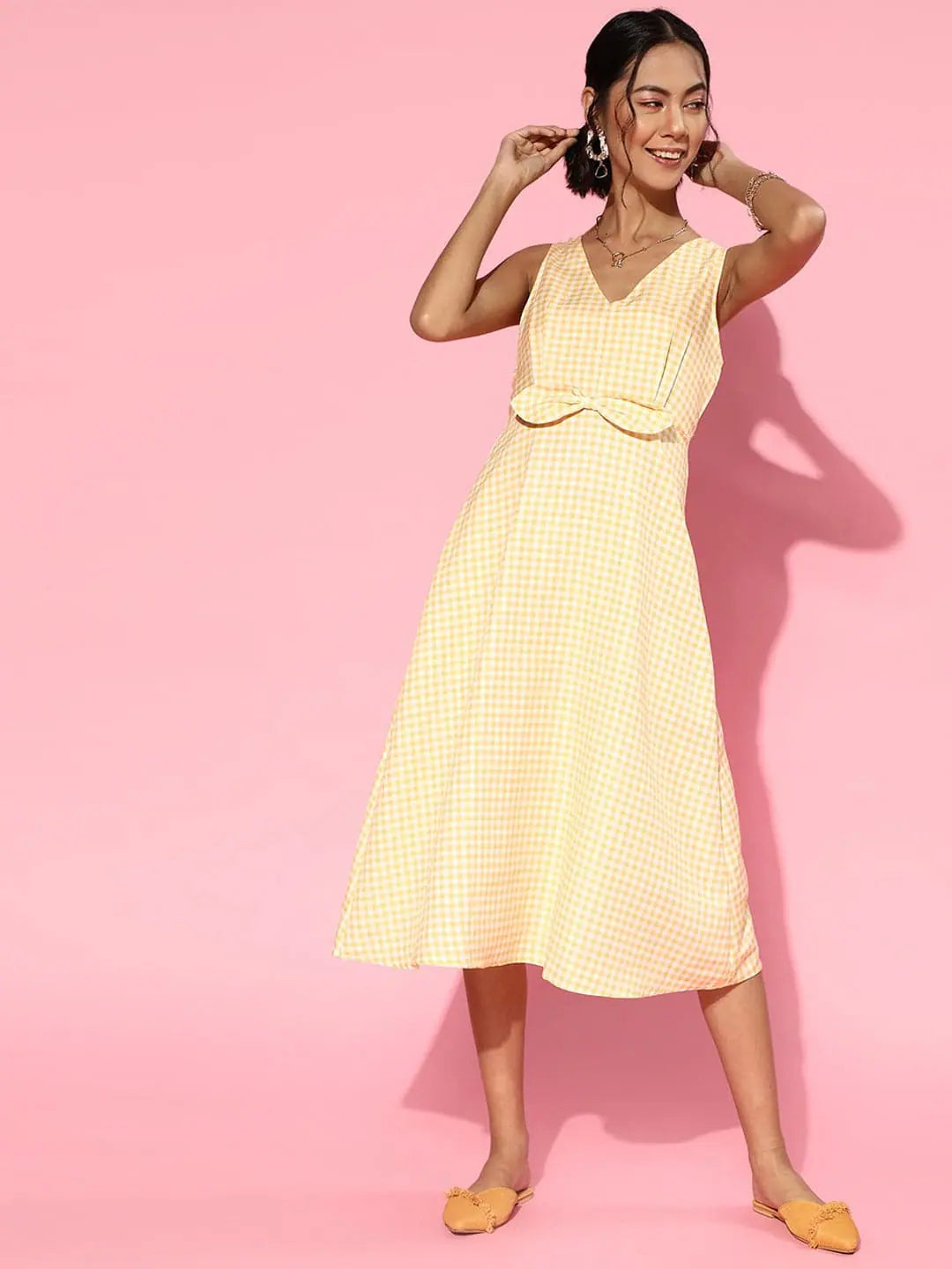 Style Your Wardrobe Women Yellow Gingham Check Waist-Bow Midi Dress