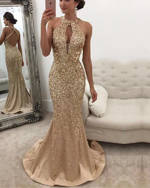 Women’s Trendy Outfits Heavy Beading Halter Prom Gowns Girls Pageant Dresses Mermaid Long PL2110