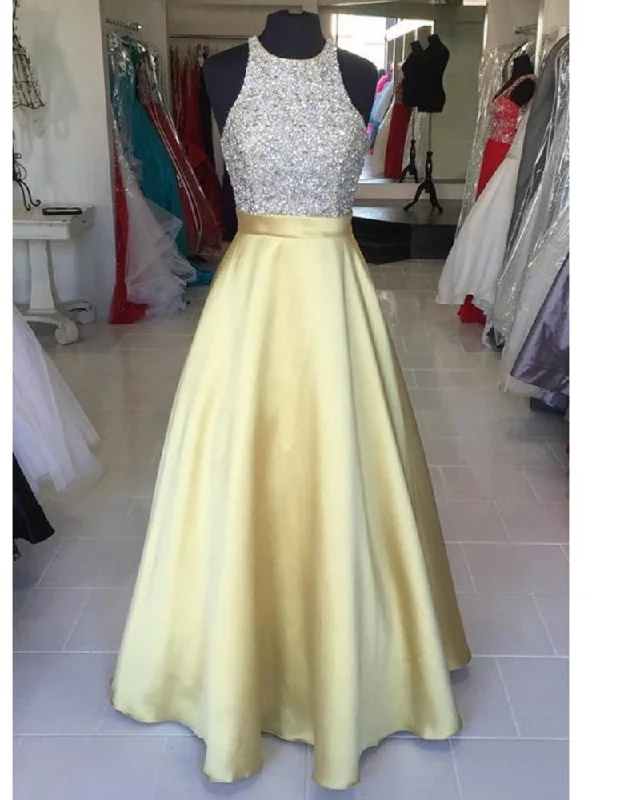 Vintage Style Clothing Sale Beading Halter A Line  2024 Yellow Prom Dresses Girls Party Gown