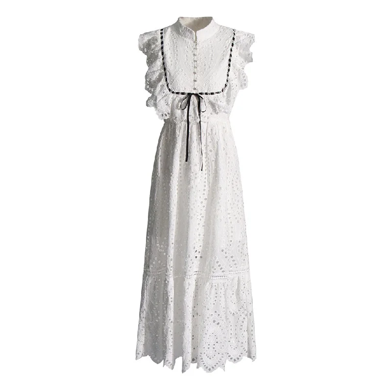 Crazy Discounts, Hurry Up French Style Mock Neck Ruffle Bow Tie Broderie Anglaise Sleeveless Maxi Dress