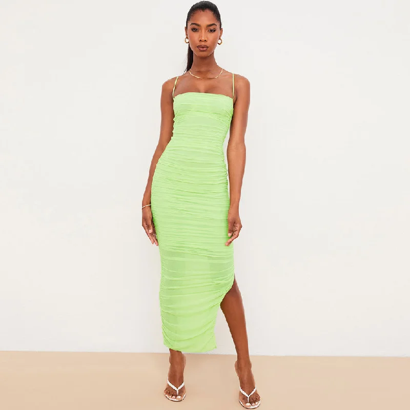 Bid Farewell To The Old Season Square Neck High Slit Ruched Mesh Cocktail Party Maxi Dress - Green