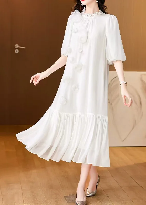 Women’s Seasonal Fashion Trends Floral White Ruffled Solid Silk Long Dress Summer