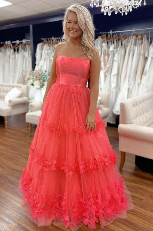 Chic Women’s Clothing for Work and Travel Princess Coral Pink Tulle Strapless Appliques Prom Gown