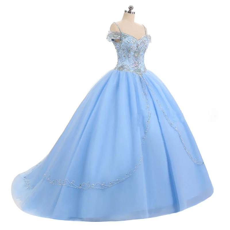 Women's Clothing Sale Cold Shoulder Sky Blue Sweet 16 Dresses Girls Quinceanera Gown Ball Gown Prom Dress