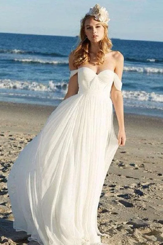 Stupidly Low Prices Roycebridal Simple Chiffon Ivory A-line Off Shoulder Summer Beach Wedding Dress, MW171