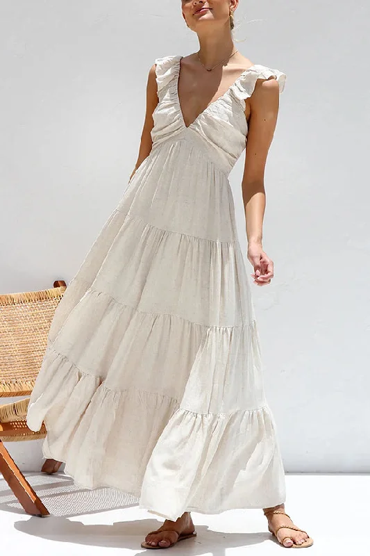 Special Offers, Don't Miss Hawaiian Brunch Linen Blend Back Smocked Tiered Vacation Maxi Dress