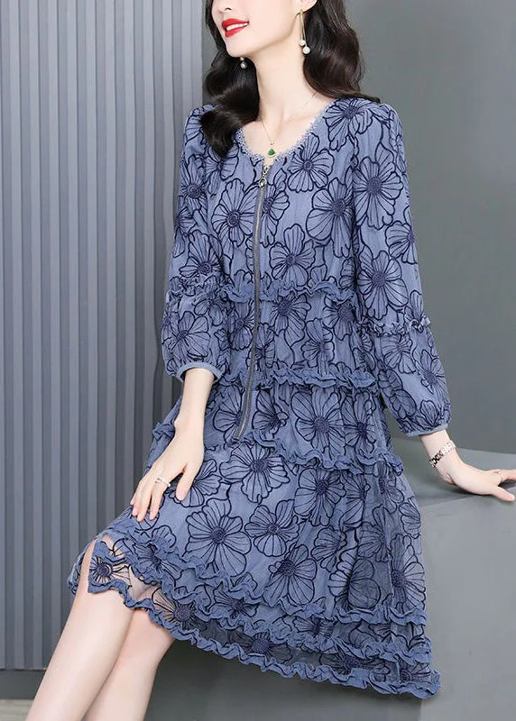 Chic & Cozy Collection Bohemian O-Neck Zippered Ruffled Embroideried Floral Maxi Dress Long Sleeve